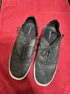 Merrell women’s Black Perforated Leather Lace-Up Sneakers with White Sole
